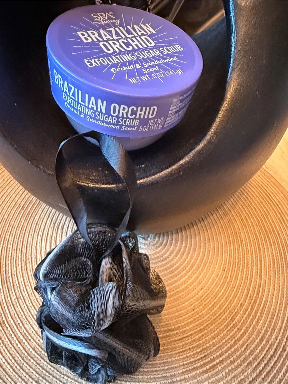 Spa Luxury New Brazilian Orchid Exfoliating Sugar Scrub 5 oz. W/ Black Loofah